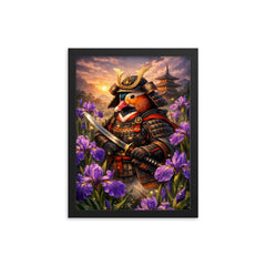 Mandarin duck samurai under irises framed print on a plain backdrop in size 12"x16".