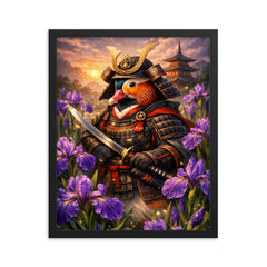 Mandarin duck samurai under irises framed print on a plain backdrop in size 16"x20".
