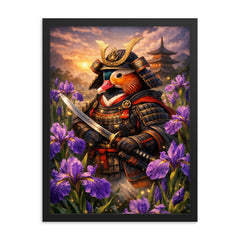 Mandarin duck samurai under irises framed print on a plain backdrop in size 18"x24".