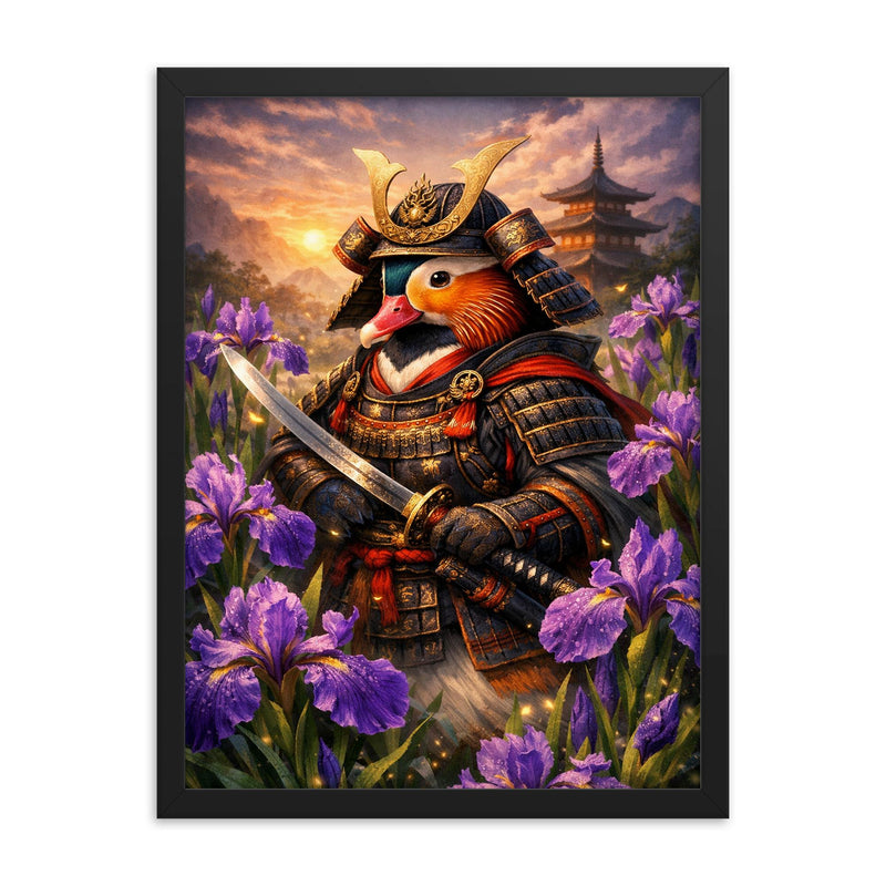 Mandarin duck samurai under irises framed print on a plain backdrop in size 18