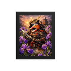 Mandarin duck samurai under irises framed print on a plain backdrop in size 8"x10".
