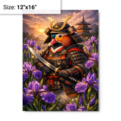 Mandarin duck samurai under irises metal print on a plain backdrop in size 12"x16".