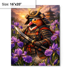Mandarin duck samurai under irises metal print on a plain backdrop in size 16"x20".