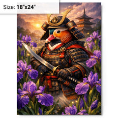 Mandarin duck samurai under irises metal print on a plain backdrop in size 18"x24".