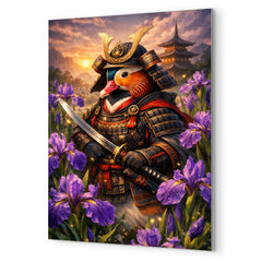 Mandarin duck samurai under irises metal print mockup