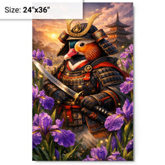 Mandarin duck samurai under irises metal print on a plain backdrop in size 24"x36".