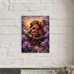 Mandarin duck samurai under irises metal print mockup