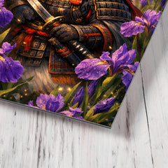 Mandarin duck samurai under irises metal print mockup