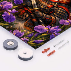 Mandarin duck samurai under irises metal print mockup