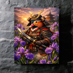 Mandarin duck samurai under irises metal print mockup
