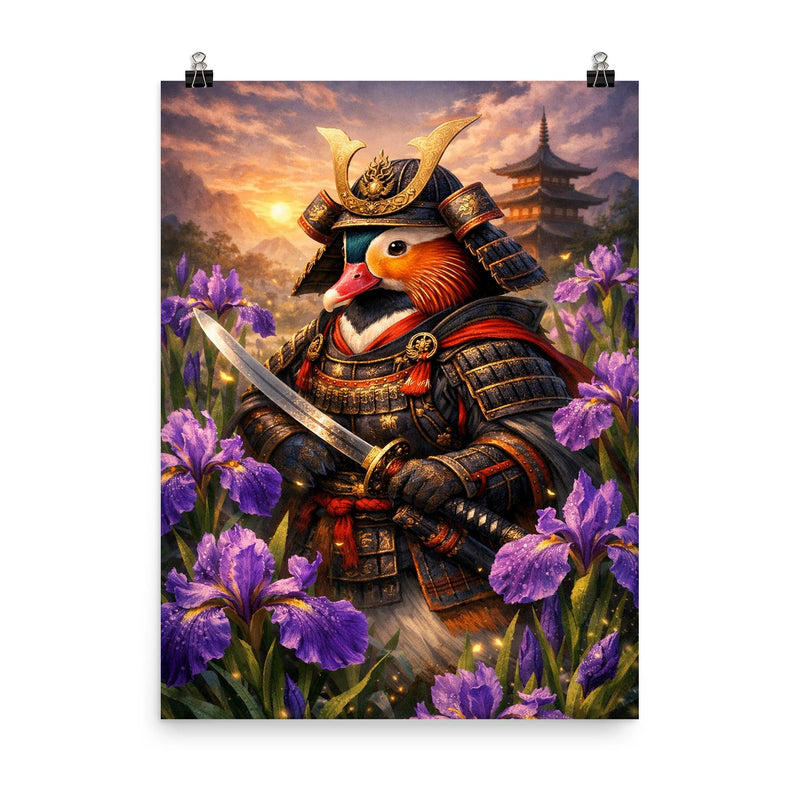 Mandarin duck samurai under irises poster on a plain backdrop in size 8