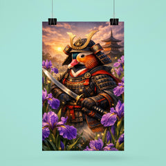 Mandarin duck samurai under irises poster 6
