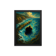 Mandelbrot coastline exploding into infinity framed print on a plain backdrop in size 12"x16".