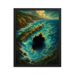 Mandelbrot coastline exploding into infinity framed print on a plain backdrop in size 16"x20".