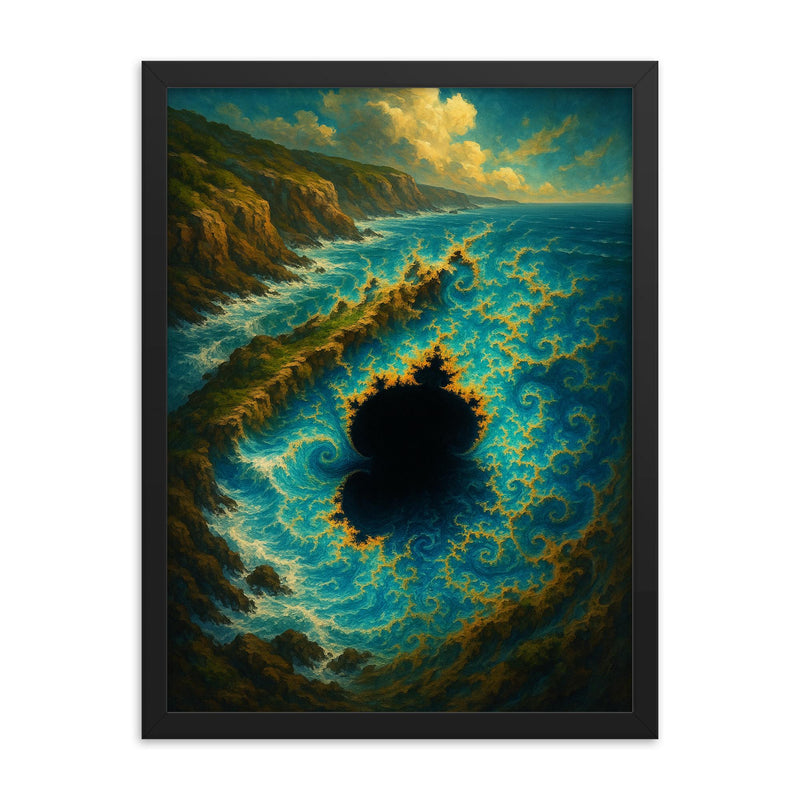 Mandelbrot coastline exploding into infinity framed print on a plain backdrop in size 18
