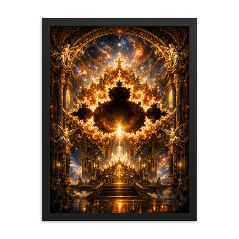 Mandelbrot Set as baroque cosmic cathedral framed print on a plain backdrop in size 18