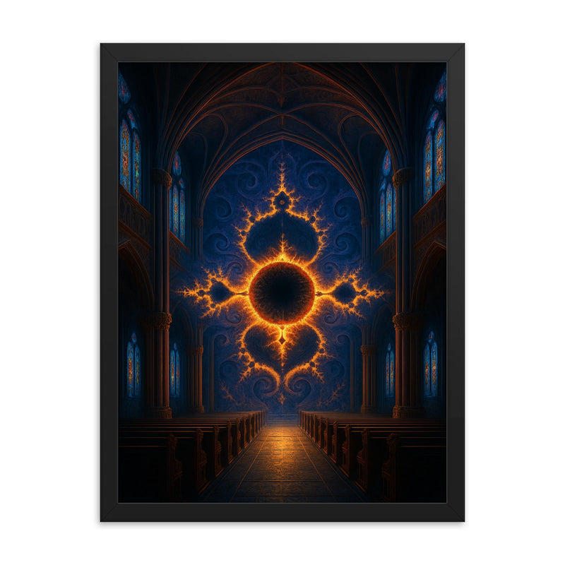 Mandelbrot set as cathedral of infinity framed print on a plain backdrop in size 18
