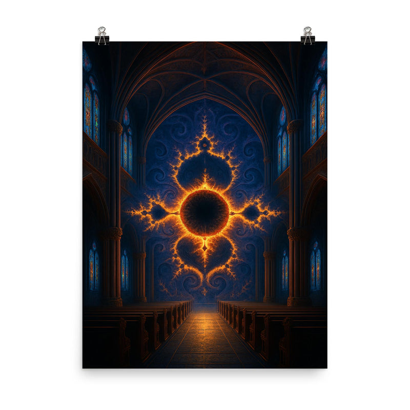 Mandelbrot set as cathedral of infinity poster on a plain backdrop in size 8