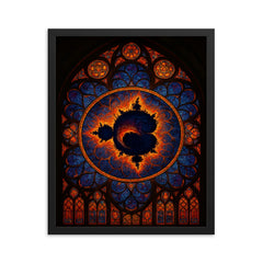 Mandelbrot set as cathedral rose window framed print on a plain backdrop in size 16"x20".