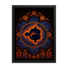 Mandelbrot set as cathedral rose window framed print on a plain backdrop in size 18"x24".