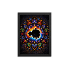 Mandelbrot set as stained glass cathedral rose framed print on a plain backdrop in size 12"x16".