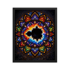 Mandelbrot set as stained glass cathedral rose framed print on a plain backdrop in size 16"x20".