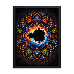 Mandelbrot set as stained glass cathedral rose framed print on a plain backdrop in size 18"x24".