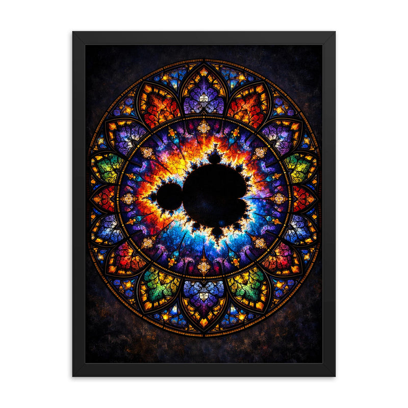 Mandelbrot set as stained glass cathedral rose framed print on a plain backdrop in size 18