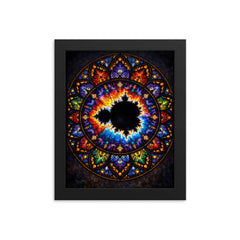 Mandelbrot set as stained glass cathedral rose framed print on a plain backdrop in size 8"x10".