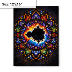 Mandelbrot set as stained glass cathedral rose metal print on a plain backdrop in size 12"x16".