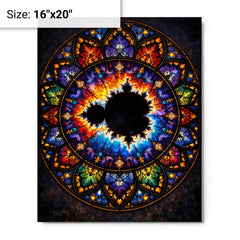 Mandelbrot set as stained glass cathedral rose metal print on a plain backdrop in size 16"x20".
