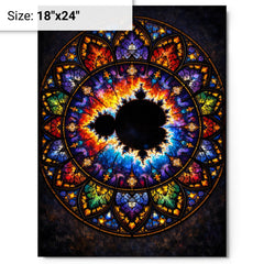 Mandelbrot set as stained glass cathedral rose metal print on a plain backdrop in size 18"x24".