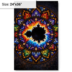 Mandelbrot set as stained glass cathedral rose metal print on a plain backdrop in size 24"x36".