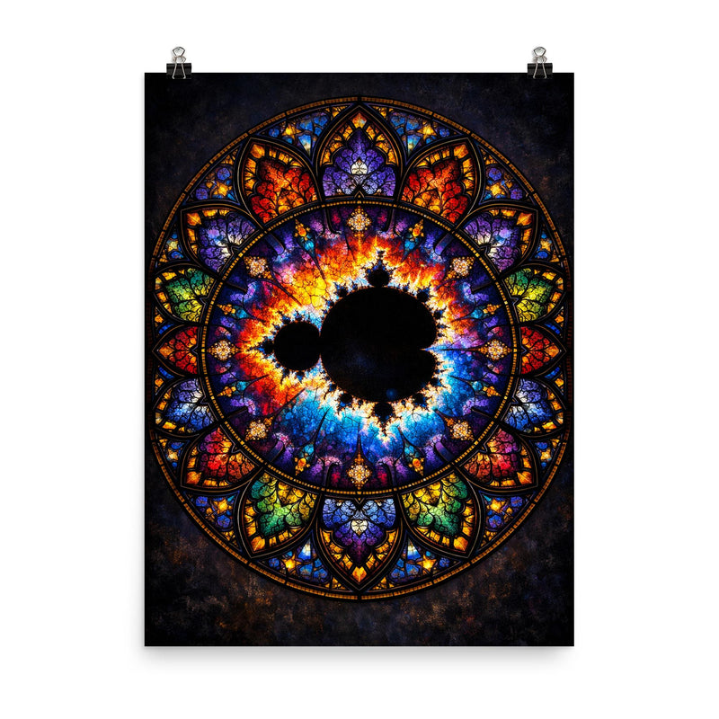 Mandelbrot set as stained glass cathedral rose poster on a plain backdrop in size 8