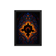 Mandelbrot set like cathedral stained glass framed print on a plain backdrop in size 12"x16".
