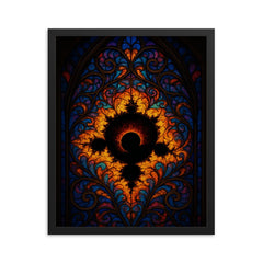 Mandelbrot set like cathedral stained glass framed print on a plain backdrop in size 16"x20".