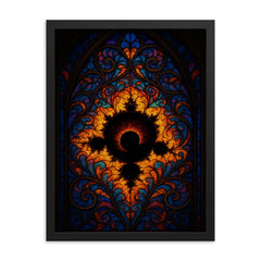Mandelbrot set like cathedral stained glass framed print on a plain backdrop in size 18"x24".