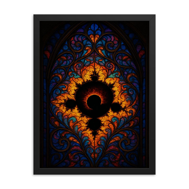 Mandelbrot set like cathedral stained glass framed print on a plain backdrop in size 18