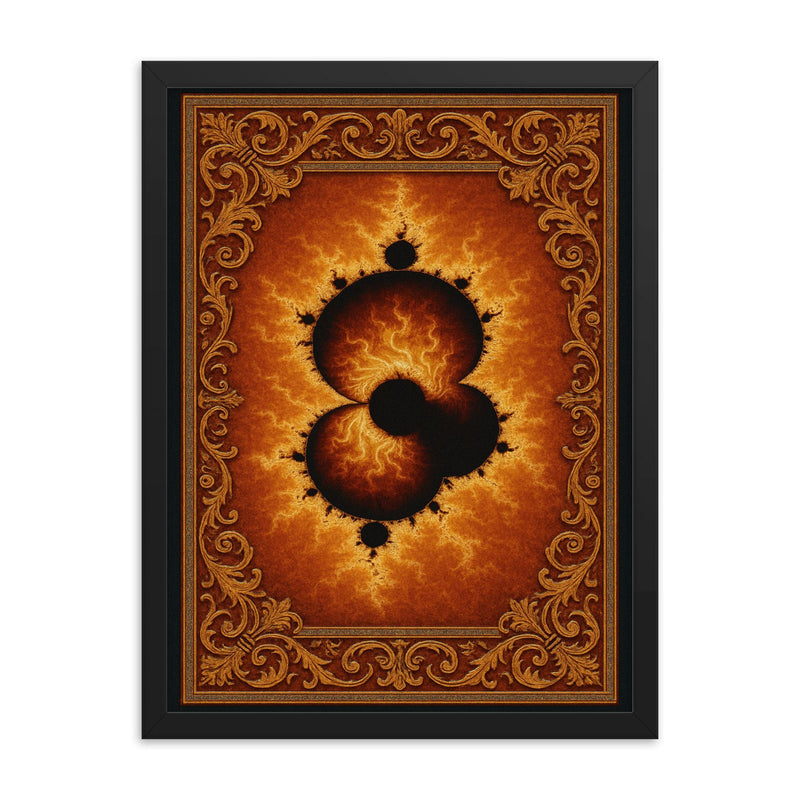 Mandelbrot set rendered as imperial tapestry framed print on a plain backdrop in size 18