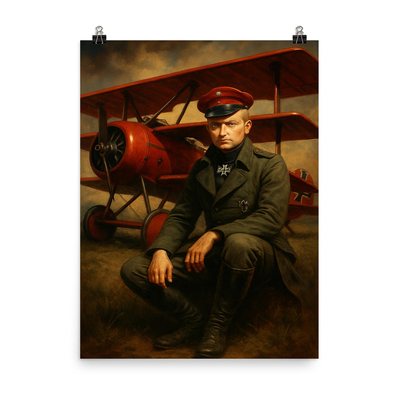 Manfred von Richthofen seated beside crimson triplane poster on a plain backdrop in size 8
