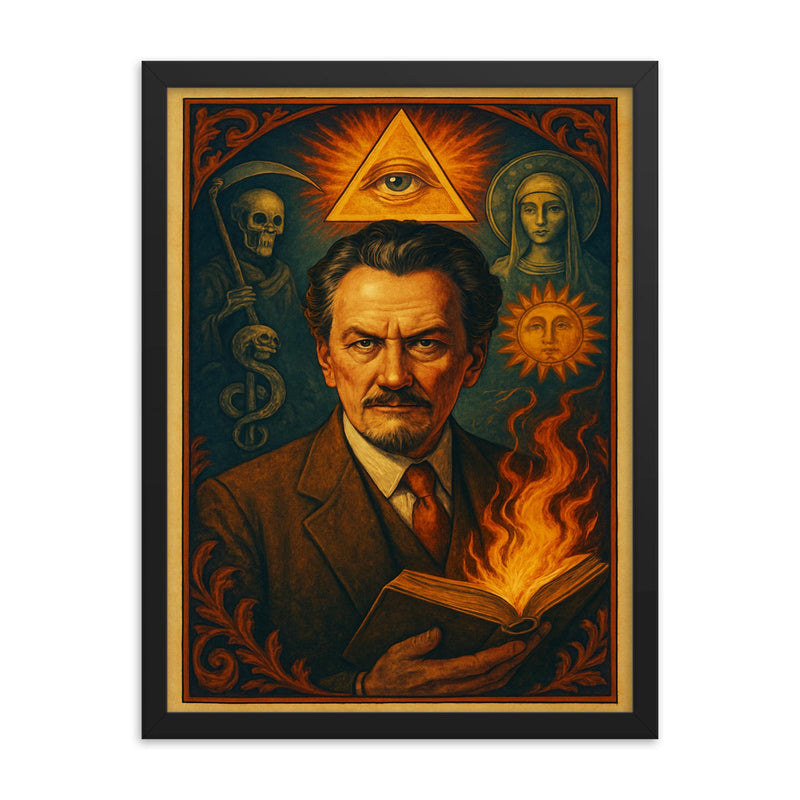 Manly P Hall framed print on a plain backdrop in size 18
