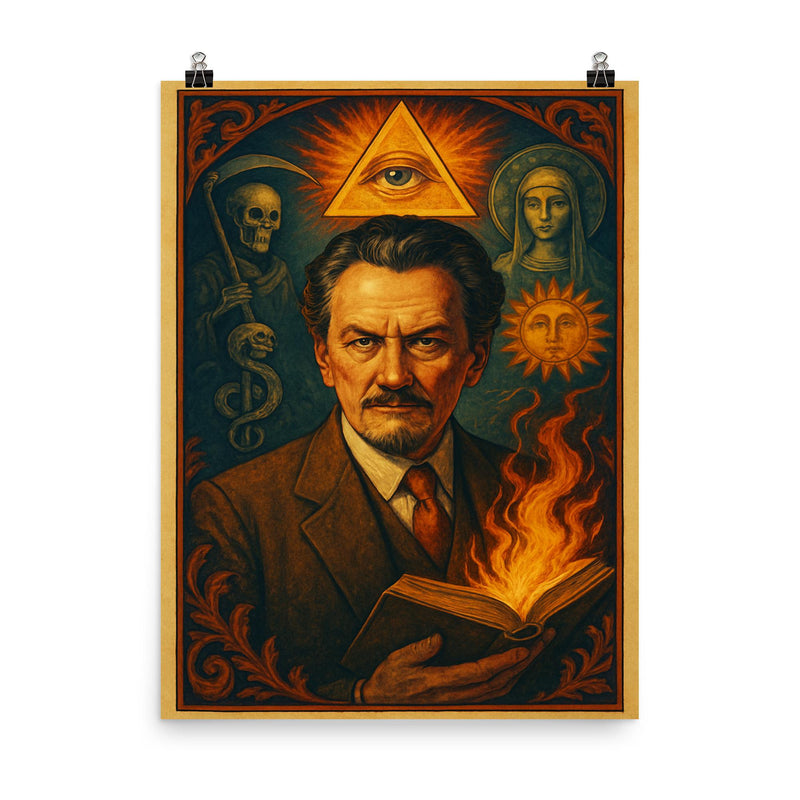 Manly P Hall poster on a plain backdrop in size 8