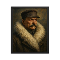 Mannerheim in arctic fur collar framed print on a plain backdrop in size 16"x20".