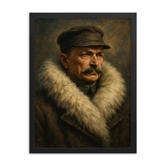 Mannerheim in arctic fur collar framed print on a plain backdrop in size 18"x24".