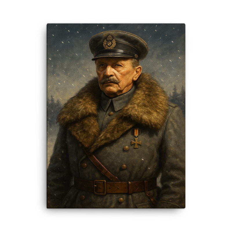 Mannerheim in fur collar winter command portrait canvas print on a plain backdrop in size 18
