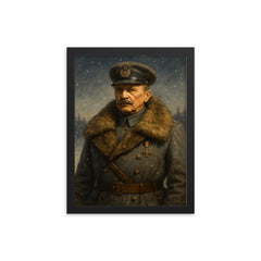 Mannerheim in fur collar winter command portrait framed print on a plain backdrop in size 12"x16".