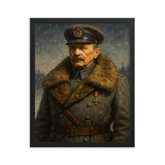 Mannerheim in fur collar winter command portrait framed print on a plain backdrop in size 16"x20".