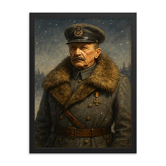 Mannerheim in fur collar winter command portrait framed print on a plain backdrop in size 18"x24".