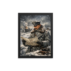 Mannerheim in snow with field map framed print on a plain backdrop in size 12"x16".