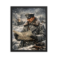 Mannerheim in snow with field map framed print on a plain backdrop in size 16"x20".